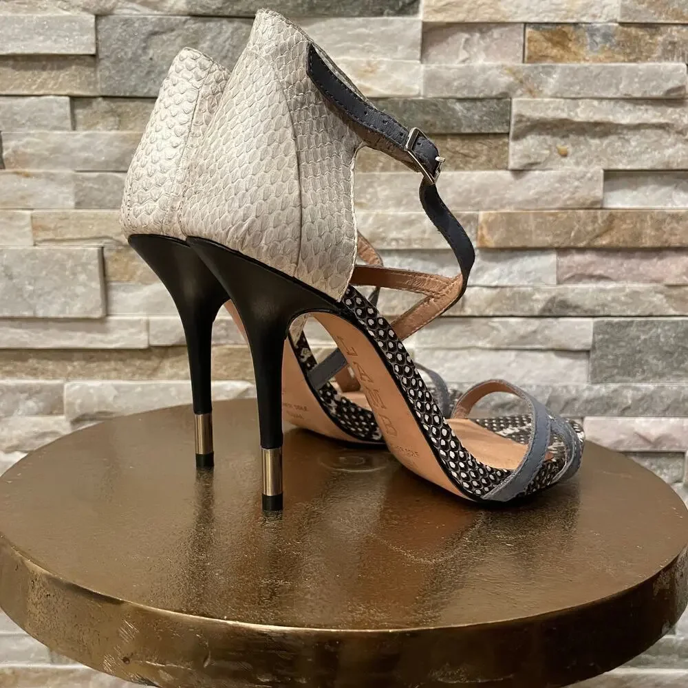 L.A.M.B. 6.5 Mixed Snakeskin Leather Strappy Stiletto Heels | Cream, Black, Blue